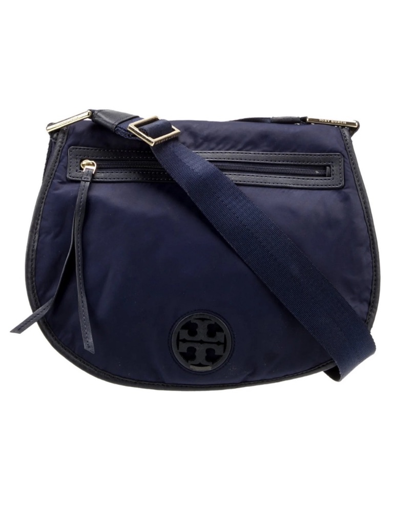 Tory Burch Leather Trim Nylon Crossbody Bag Navy Blue